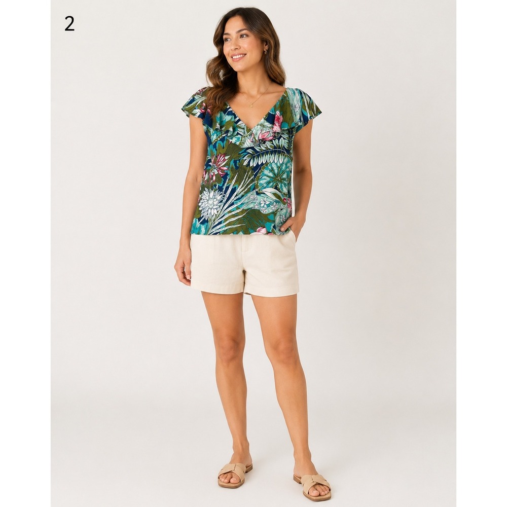 Chaps Tropical‎ Beachy Tank Blouse Womens Petite XL Cotton Ruffle Collar NEW